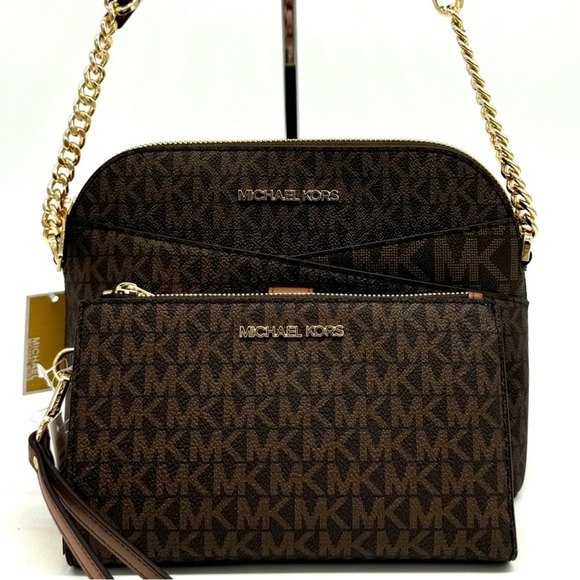 MICHAEL KORS Jet Set Travel Medium Dome Crossbody Bag & Double Zip Wallet Brown - Picture 2 of 13